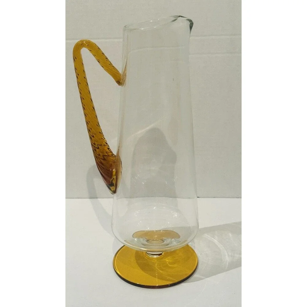 Vintage Mid Century Modern Amber Accented Blown Glass Decanter Pitcher Carafe13”